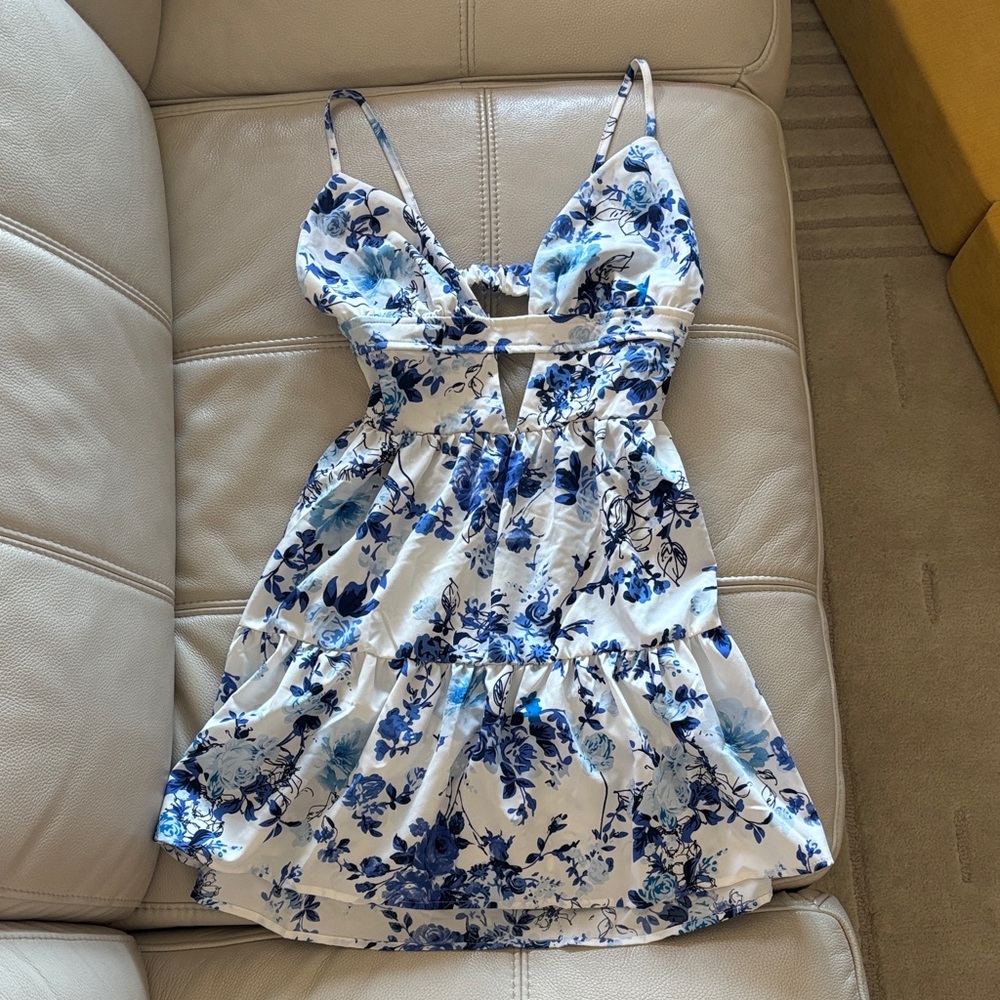 SHEIN Blue and White Floral Dress with Cutout Detail